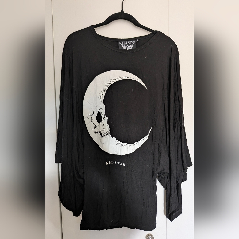 Killstar Black Long Sleeve Tee with White Crescent Skull Graphic